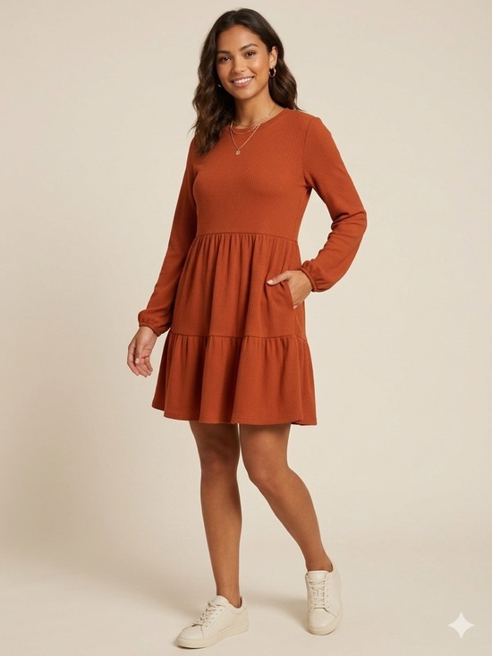 Cupshe Dresses & Skirts - Cupshe Rust Orange Ribbed Long Sleeve Tiered Babydoll Mini Dress NWT